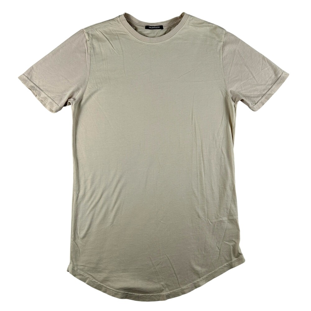 Talentless Shirt Mens Small Beige Longline Curved Hem Cotton Casual Tee